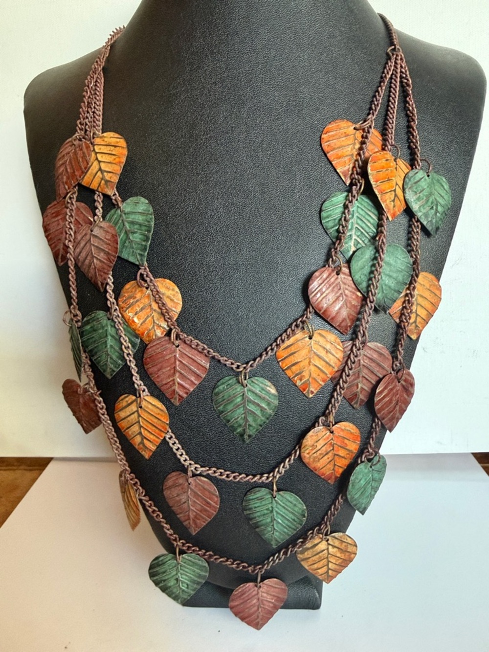 Vintage Multicolor Copper Chain Leaf Layered Necklace - Green, Orange, Brown